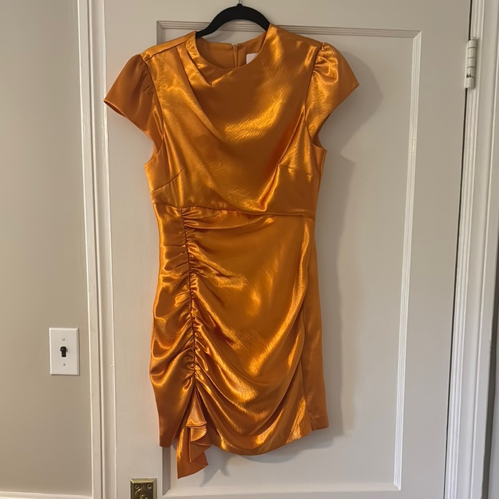 Cinq a Sept Gold Asymmetrical Ruched Sheath Dress